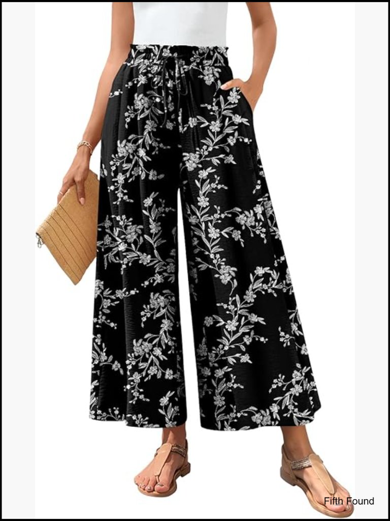 Women's Wide Leg Palazzo Pants Elastic Waist Pockets Flowy